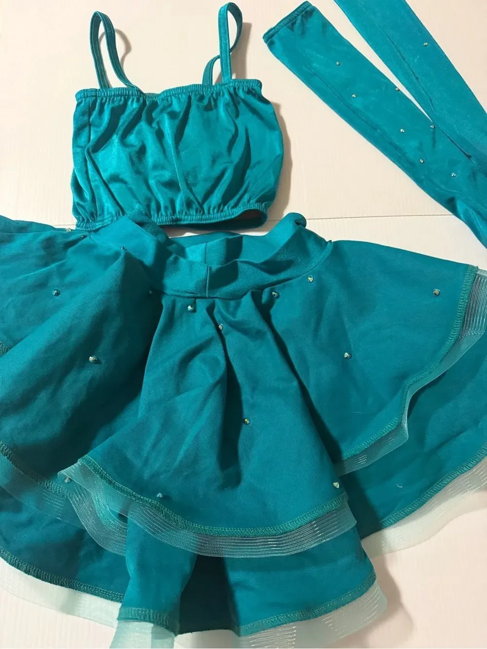 Kelle dance custom rhinestone solo costume teal 2 piece 4487 LC-large child